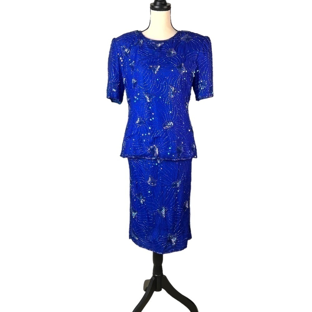 Stenay 2 Piece Set Skirt Blouse Beaded Silk Blue Sequin Size 8 Dress Set VINTAGE